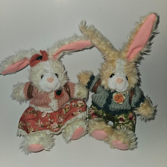 2 Fine Toy Bunny Rabbit 7" Bean Bag Plush Lot Knit Sweaters Backpacks Easter - Picture 1 of 16